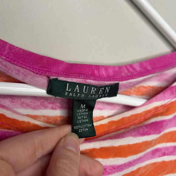 Lauren Ralph Lauren Colorful Pink Cotton Short Sleeve Multicolor Striped Shirt M - Picture 8 of 10